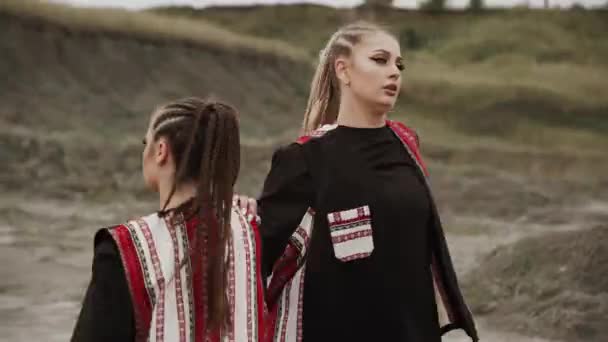 二人の女性が砂漠でダンスを踊る ダンスとリズムの概念 — ストック動画