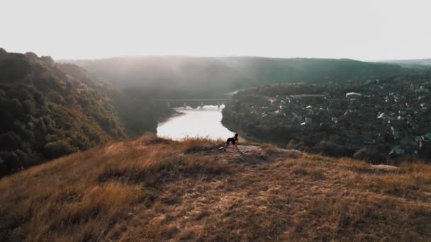 Ung Fitness Kvinna Mediterar Soluppgången Bergstopp Drönarfilm — Stockvideo