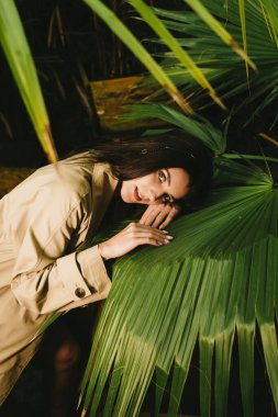 Tropik bir bahçede poz veren bej renkli trençkotlu seksi kadın. Moda çekim konsepti