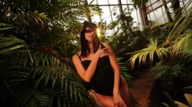 Palmiye ağaçlarının arasında tropik bir bahçede poz veren BDSM kedi maskeli seksi kadın. BDSM kavramı 44k