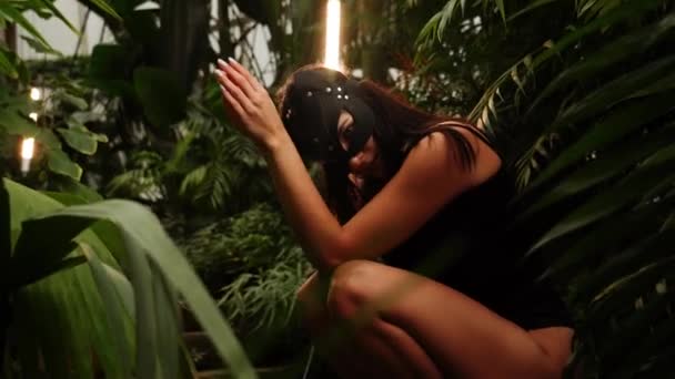 Sexy Vrouw Een Bdsm Kattenmasker Poserend Een Tropische Tuin Tussen — Stockvideo