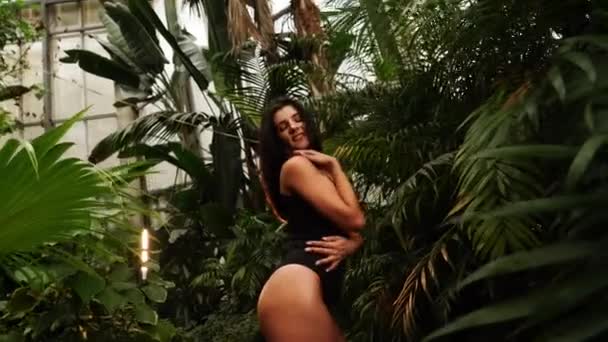穿着黑色紧身衣的性感女人在热带花园摆姿势 时尚摄影的概念 — 图库视频影像