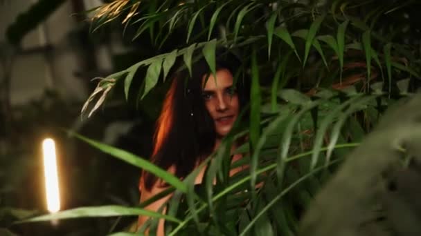 Sexy Frau Schwarzen Body Posiert Einem Tropischen Garten Konzept Der — Stockvideo