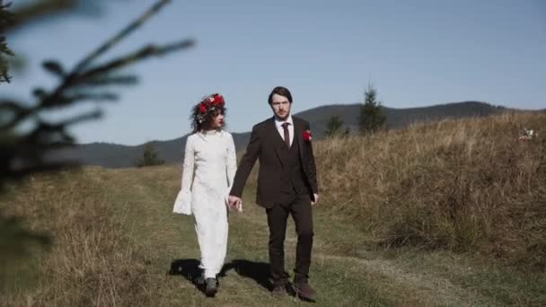 Otantik Düğün Çifti Sonbaharda Gün Batımında Dağlarda Yürüyor Düğün Konsepti — Stok video