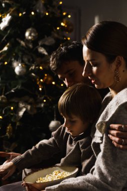 Mutlu aile Noel 'i kutlar, film izler ve yılbaşı ağacının yanında patlamış mısır ve pizza yer. Dikey fotoğraf