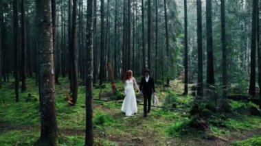 Kızıl saçlı bir gelin, damatla çam ormanında poz veriyor. Peri masalı çifti. Düğün konsepti