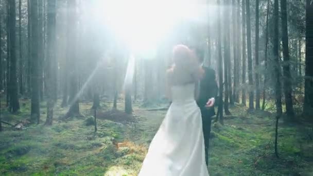 一位红头发的新娘在松树林中与新郎合影 童话般的婚礼夫妻结婚的概念 — 图库视频影像