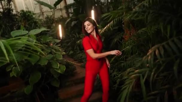 Carina Donna Abito Rosso Balla Giardino Tropicale Concetto Danza — Video Stock