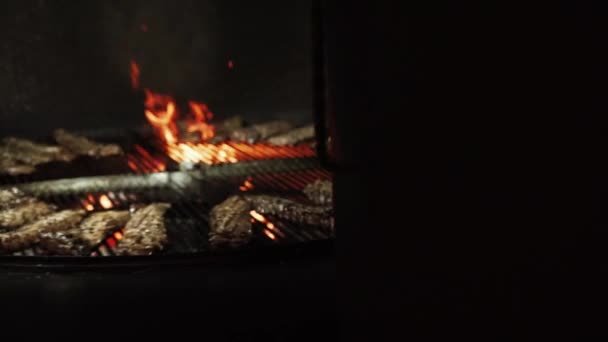 Ребра Горят Огне Концепция Барбекю — стоковое видео