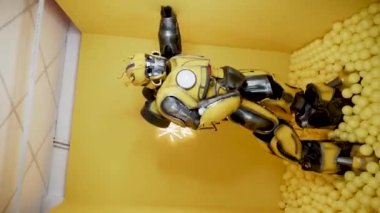 Stüdyoda poz veren bir Bumblebee transformatörü. Bumblebee kostümlü bir adam dans eder ve eğlenir. Bumblebee film konsepti. Dikey video