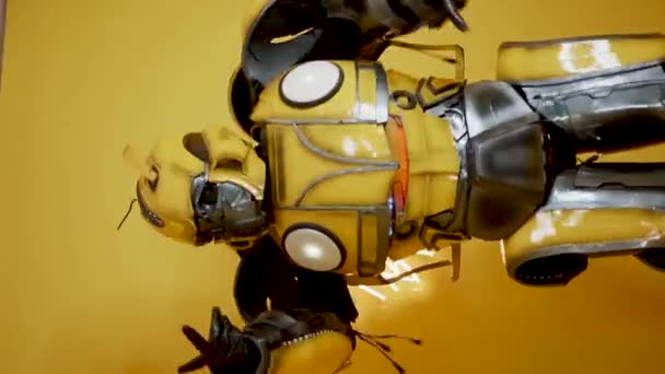 Бамблбі Трансформатор Позує Студії Чоловік Костюмі Джмеля Танцює Розважається Концепція — стокове відео
