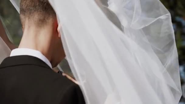 一对年轻貌美的情侣在婚纱照上摆姿势 结婚纪念日的概念 — 图库视频影像
