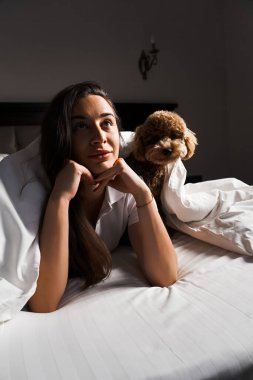 Genç bir kadın yatakta oyuncak köpekle oynuyor ve poz veriyor. Hayvanlarla arkadaşlık kavramı.