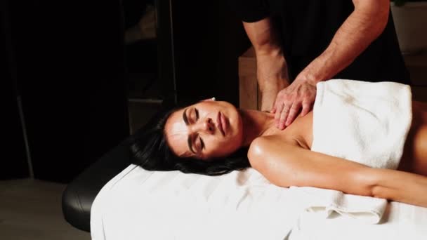 Beautiful Young Woman Enjoying Massage Spa Salon Relaxed Brunette Girl — Stock Video