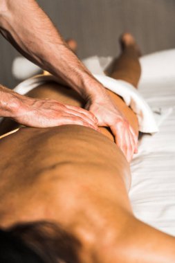 Profesyonel bir masör genç bir kadına masaj yapar. Güzeller güzeli genç bir kadın masaj salonundan zevk alır. Güzellik, cilt bakımı, iyi olmak. Masaj ve spa tedavisi kavramı.