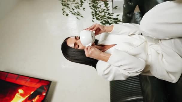 Business Woman White Suit Works Laptop Office Drinks Coffee Office — Stock Video