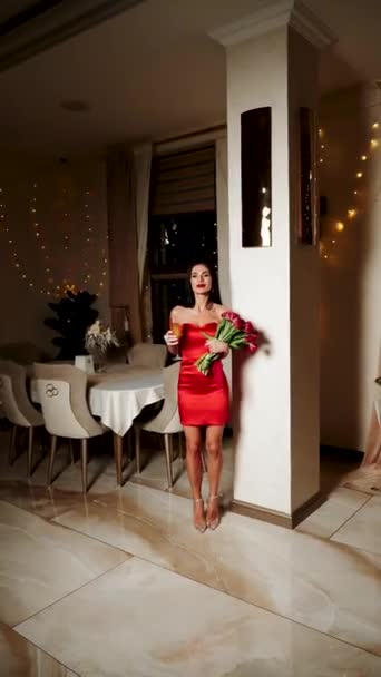 Portrait Une Jeune Femme Sexy Dans Une Robe Rouge Avec — Video