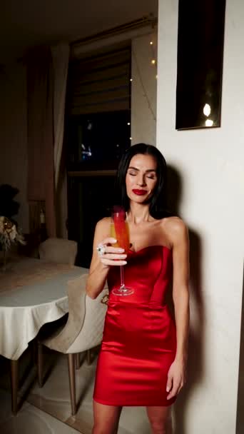 Portrait Une Jeune Femme Sexy Dans Une Robe Rouge Avec — Video