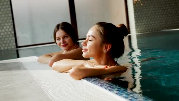 プールで泳ぐ2人のセクシーな女性 スパでリラックス ホテル内のレラクセーションコンセプト — ストック動画