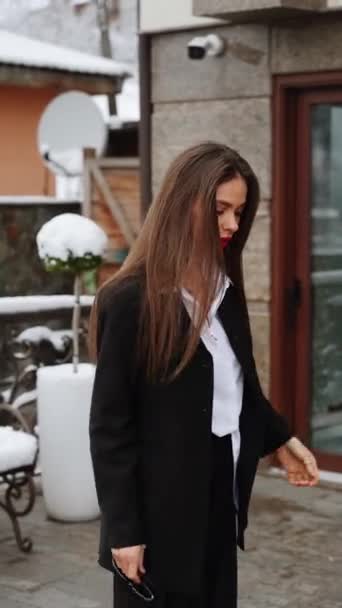 Stylish Woman Black Suit White Shirt Glasses Poses Camera Backdrop — Stock Video