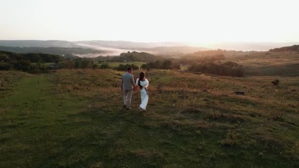 Bruid Bruidegom Lopen Door Een Pittoreske Plek Bij Zonsondergang Van — Stockvideo
