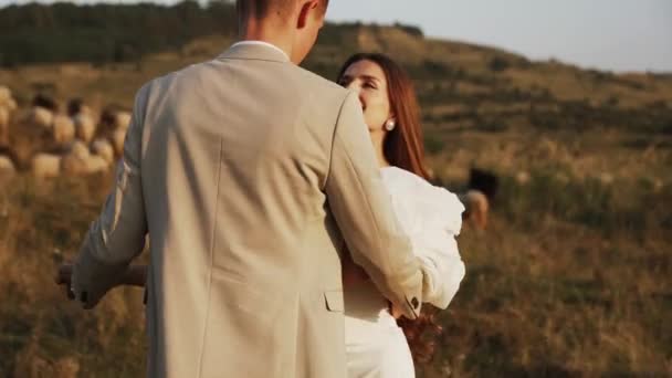 Bride Groom Walk Sunset Beautiful Fields Hills Laugh Dance Wedding — Stock Video