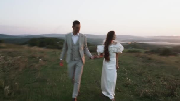 Νύφη Και Γαμπρός Περπατούν Ηλιοβασίλεμα Μέσα Από Όμορφα Χωράφια Και — Αρχείο Βίντεο