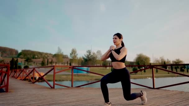 日没の湖近くの公園でフィットネスエクササイズをしている若い運動女性 スポーツライフコンセプト — ストック動画