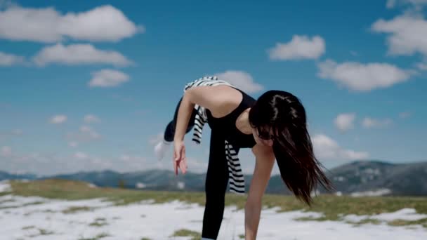 Young Woman Meditating Top Snowy Mountains Yoga Meditation Concept Yoga — Stock Video
