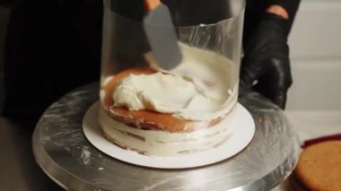 Şekerci ballı kek hazırlar. Medovik Kek. Pasta hazırlama ve krema ve malzemelerin uygulanması. Şekerleme konsepti