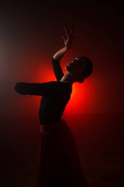 Kırmızı etekli bir kadının silueti neon ışıkta Latince dans ediyor. Dans konsepti. Bachata, Latino. Rumba. Samba.