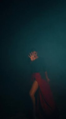 Kırmızı elbiseli bir kadın stüdyoda dumanların içinde ateşli bir İspanyol dansı yapıyor. Samba, Rumba. Dans konsepti. Dikey video