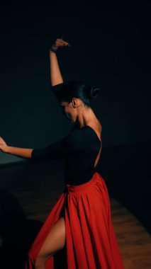 Kırmızı elbiseli bir kadın stüdyoda dumanların içinde ateşli bir İspanyol dansı yapıyor. Samba, Rumba. Dans konsepti. Dikey video