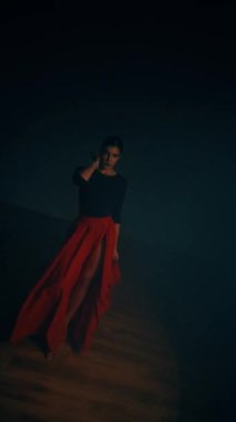 Kırmızı elbiseli bir kadın stüdyoda dumanların içinde ateşli bir İspanyol dansı yapıyor. Samba, Rumba. Dans konsepti. Dikey video