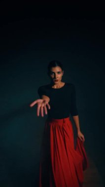 Kırmızı elbiseli bir kadın stüdyoda dumanların içinde ateşli bir İspanyol dansı yapıyor. Samba, Rumba. Dans konsepti. Dikey video