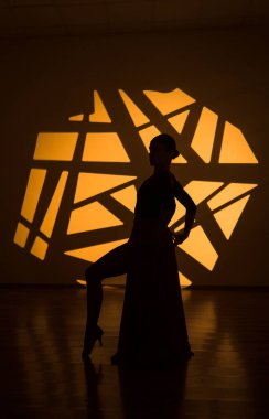 Dansçı bir kadın arka planda gobo maskelerin aydınlatılmasına karşı poz veriyor. Bir kadın İspanyol dansı yapıyor. Koreografi ve dans konsepti