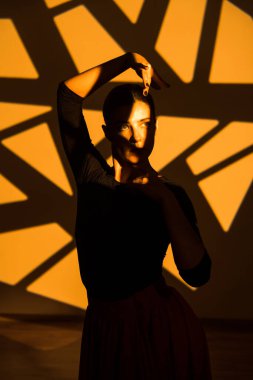 Dansçı bir kadın arka planda gobo maskelerin aydınlatılmasına karşı poz veriyor. Bir kadın İspanyol dansı yapıyor. Koreografi ve dans konsepti