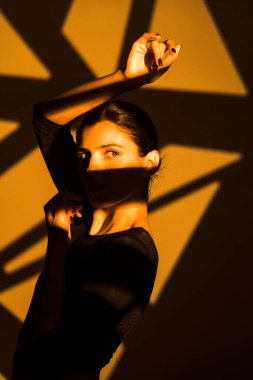 Dansçı bir kadın arka planda gobo maskelerin aydınlatılmasına karşı poz veriyor. Bir kadın İspanyol dansı yapıyor. Koreografi ve dans konsepti