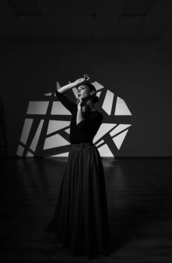 Dansçı bir kadın arka planda gobo maskelerin aydınlatılmasına karşı poz veriyor. Bir kadın İspanyol dansı yapıyor. Koreografi ve dans konsepti