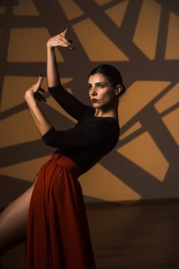 A dancing woman poses against the backdrop of illumination of gobo masks in the background. A woman dances a Spanish dance. Choreography and dance concept clipart