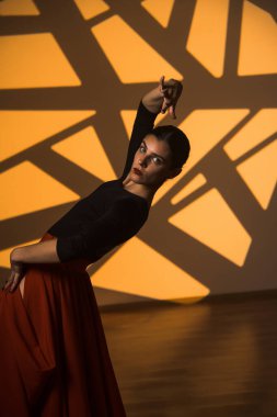 Dansçı bir kadın arka planda gobo maskelerin aydınlatılmasına karşı poz veriyor. Bir kadın İspanyol dansı yapıyor. Koreografi ve dans konsepti