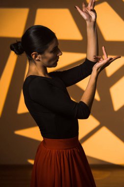 A dancing woman poses against the backdrop of illumination of gobo masks in the background. A woman dances a Spanish dance. Choreography and dance concept clipart