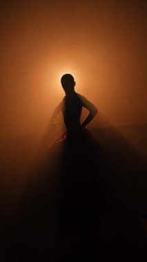 Kırmızı etekli bir kadının silueti neon ışıkta Latince dans ediyor. Dans konsepti. Bachata, Flamenko. Latino. Rumba. Samba.Dikey video 4k