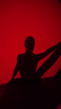 Kırmızı etekli bir kadının silueti neon ışıkta Latince dans ediyor. Dans konsepti. Bachata, Flamenko. Latino. Rumba. Samba.Dikey video 4k