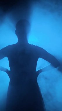 Kırmızı etekli bir kadının silueti neon ışıkta Latince dans ediyor. Dans konsepti. Bachata, Flamenko. Latino. Rumba. Samba.Dikey video 4k