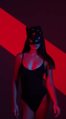 Neon ışıkta poz veren BDSM maskeli seksi kadın. BDSM konsepti. Sevgililer Günü. Kedi Kadın. Dikey video
