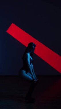 Neon ışıkta poz veren BDSM maskeli seksi kadın. BDSM konsepti. Sevgililer Günü. Kedi Kadın. Dikey video