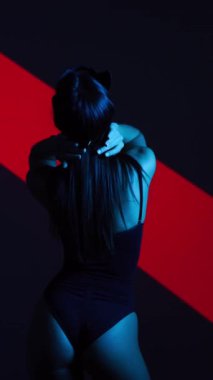 Neon ışıkta poz veren BDSM maskeli seksi kadın. BDSM konsepti. Sevgililer Günü. Kedi Kadın. Dikey video