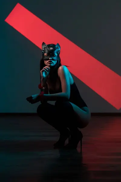 Ellerinde kelepçe olan kedi maskeli bir kadın. Vücut giysili seksi bir kadının portresi. BDSM konsepti. Sevgililer Günü.