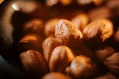 Hazelnuts in a decorative plate against a black background showcasing their rich texture and color clipart